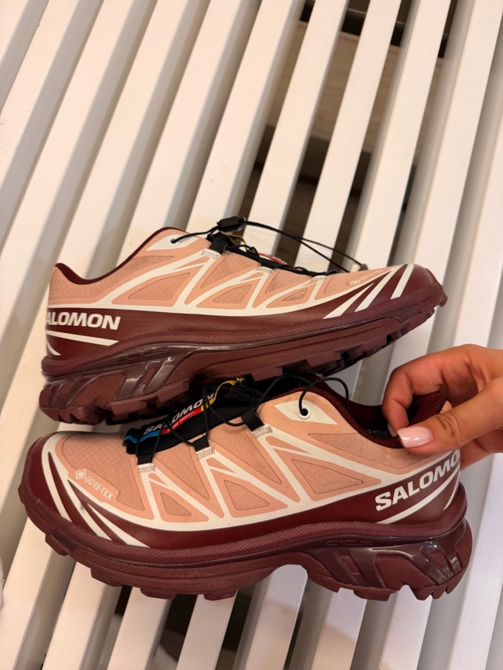 Salomon Pink Trail Sneakers with Burgundy Trim and Color Accents - Picture 7 of 7